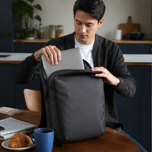 Commuter packing a laptop backpack