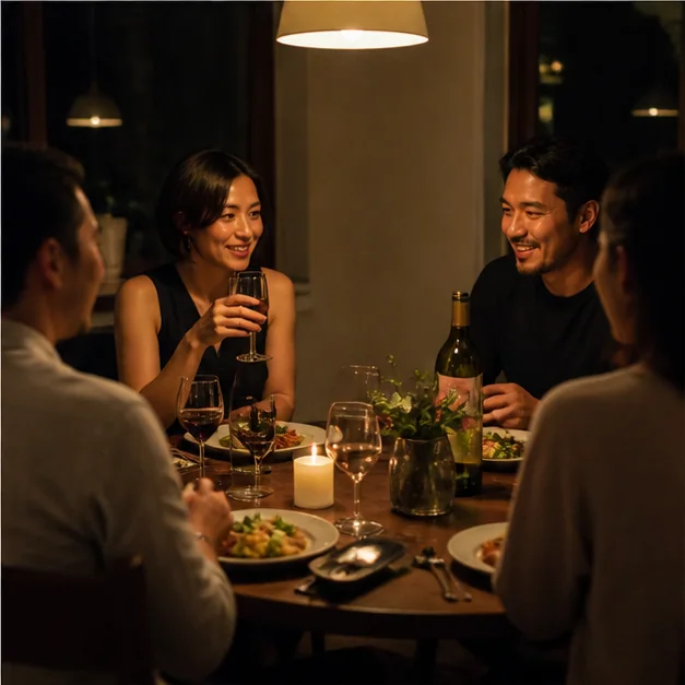 Friends sharing a relaxed dinner in a warm home