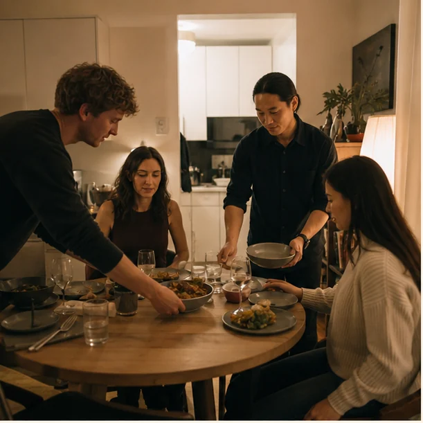 Friends sharing a relaxed dinner in a warm home