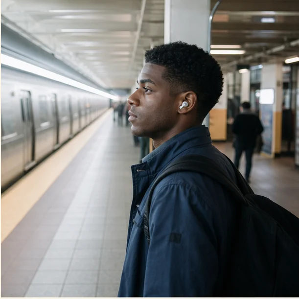 Commuter wearing wireless earbuds on a train