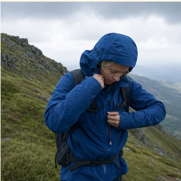 Hiker adjusting a rain shell on a windy ridge