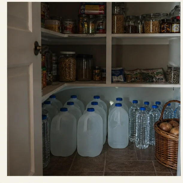 Survival Gear editorial scene for Emergency Water Storage for Small Apartments