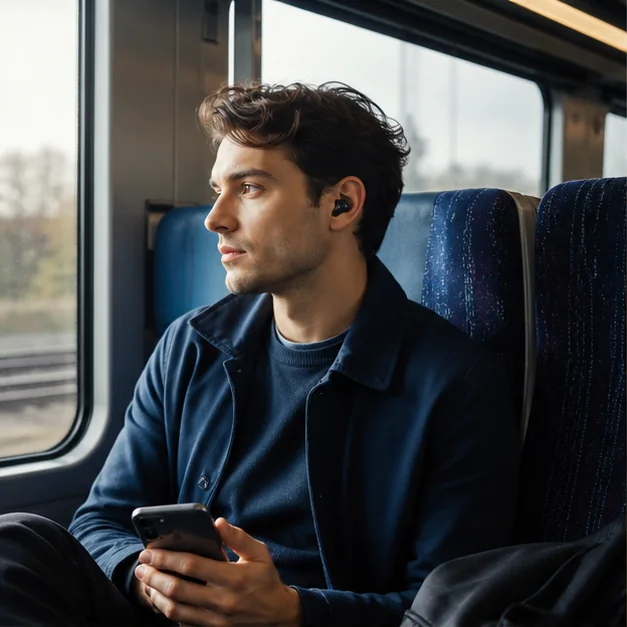 Real-life tech scene illustrating The Best Wireless Earbuds for a Noisy Train Commute