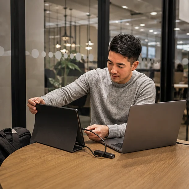 Real-life tech scene illustrating Portable Monitors for Hybrid Work Without the Bulk